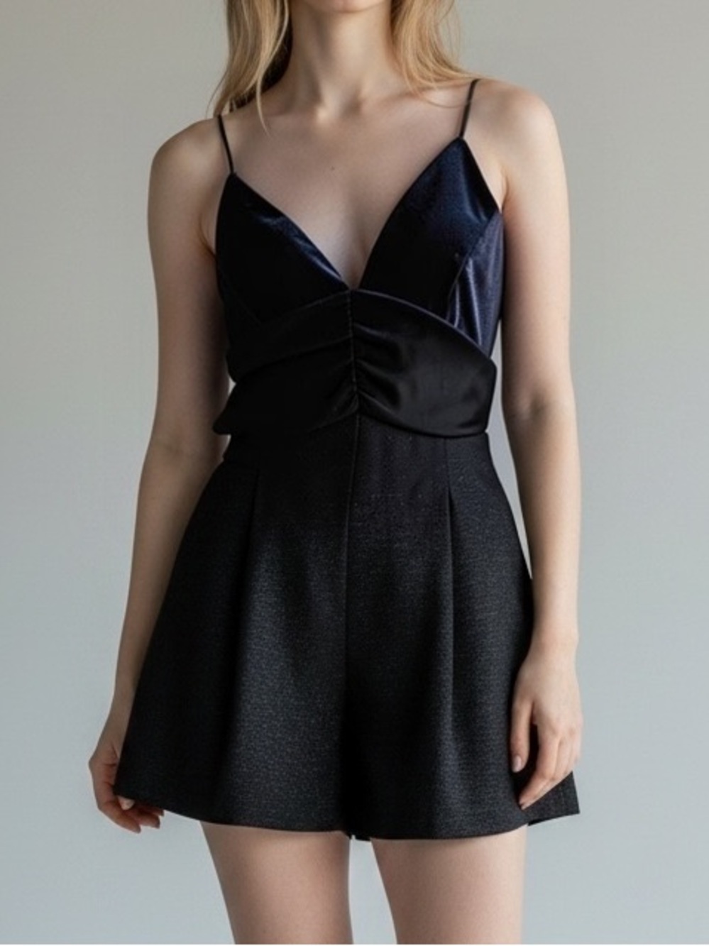 Free People Black & Blue Velvet Fit & Flare Romper Spaghetti Strap Quiet Luxury